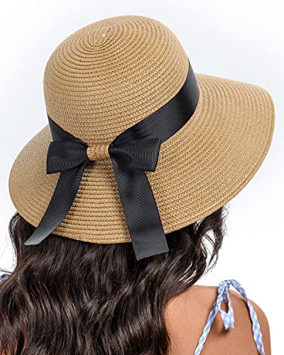 Sun Straw Hat for Women with Wind Lanyard Wide Brim Foldable Beach Summer Hats Womens UV 50+ Protection Bowknot Cap - color: Light Purple