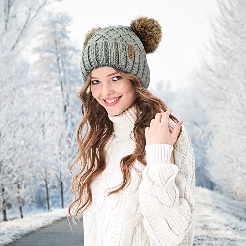 Arctic Paw Womens Winter Hat Cable Knit Beanie for Women Faux Fur Pompom Ears - color: Light Grey Hat Coffee Ball