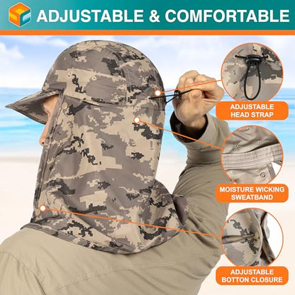 SUN CUBE Fishing Sun Hat with Neck Flap & Face Cover, Wide Brim UPF50+ Cap - color: Camo Grey