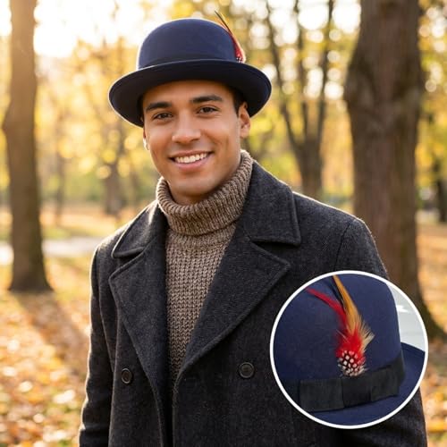Classic Fedora Hat with Feather, Dome Hard Bowler Cap - color: Navy Blue