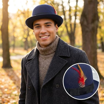 Classic Fedora Hat with Feather, Dome Hard Bowler Cap - color: Navy Blue