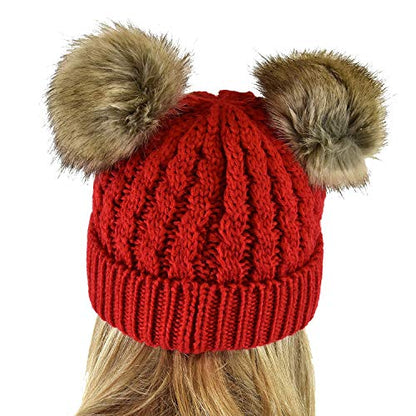 C.C 2 Ear Pom Pom Cable Knit Soft Stretch Cuff Skully Beanie Hat - color: Faux Fur Red
