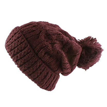 Morehats Thick Crochet Knit Pom Pom Beanie Winter Ski Hat - color: Burgundy