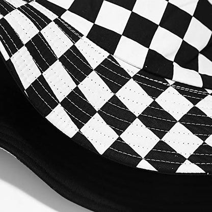 Cotton Checkered Bucket Hat Summer Fashion Fisherman Beach Sun Hats for Women and Men - color: Black