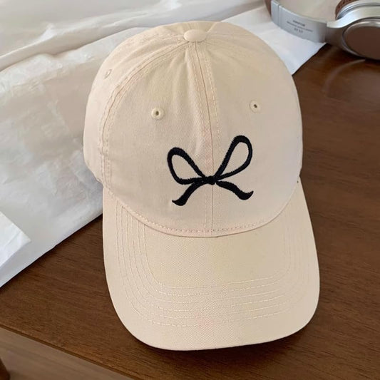 Unisex Bow Embroidery Baseball Cap Adjustable Outdoor Mom Sun Hat - color: Beige/Black