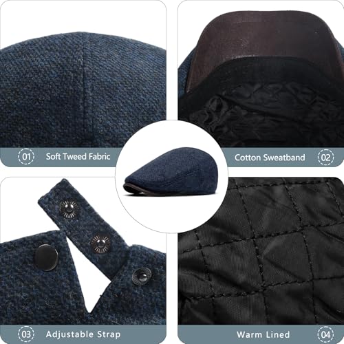 meioro Mens Wool Blend Tweed Newsboy Flat Cap Gatsby Irish Cabbie Ivy Cap Adjustable Newsboy Hat Warm Fleece Winter Hats - color: Navy