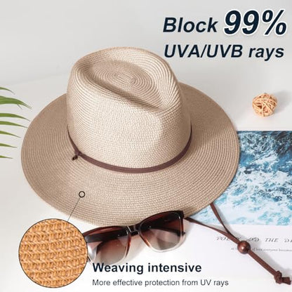 DRESHOW Womens Summer Straw Sun Hat Wide Brim Bucket Hats Fedora Hat Panama Beach Hat with Chin Strap UPF 50+ - color: 1 Pack Panama Hat: Tan