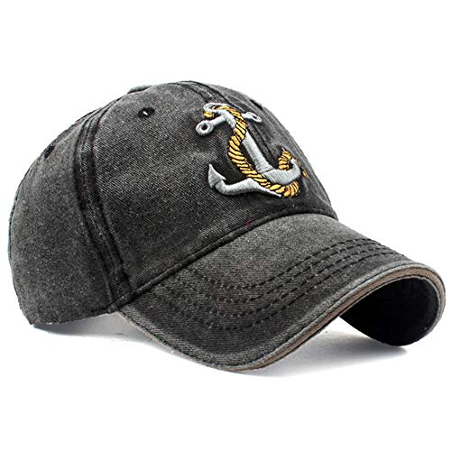 Anchor Embroidered Cotton Washed Dad Hat Distressed Retro Baseball Hat - color: Black