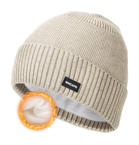 Wmcaps Fleece Lined Beanie Warm Winter Knit Hat for Men Women Cold Weather - color: Light Beige