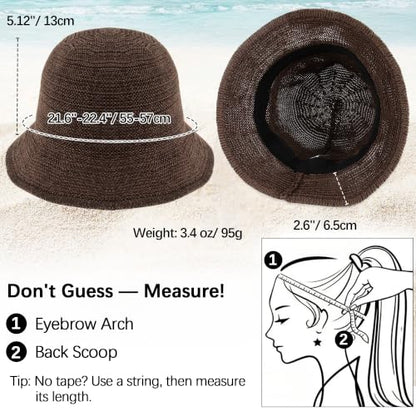 Babalet Mesh Woven Bucket Sun Hats for Women Floppy Wide Brim Beach Bucket Hat Foldable Lightweight UV Protection Summer Cap - color: Coffee