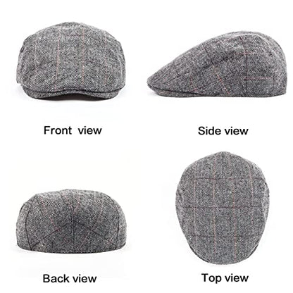 Herringbone Flat Ivy Newsboy Cap for Men 1920s Wool Blend Tweed Cabbie Hat - color: 003 Plaid Grey, size: Small-Medium
