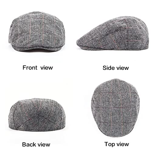 Herringbone Flat Ivy Newsboy Cap for Men 1920s Wool Blend Tweed Cabbie Hat - color: 003 Plaid Grey, size: Small-Medium