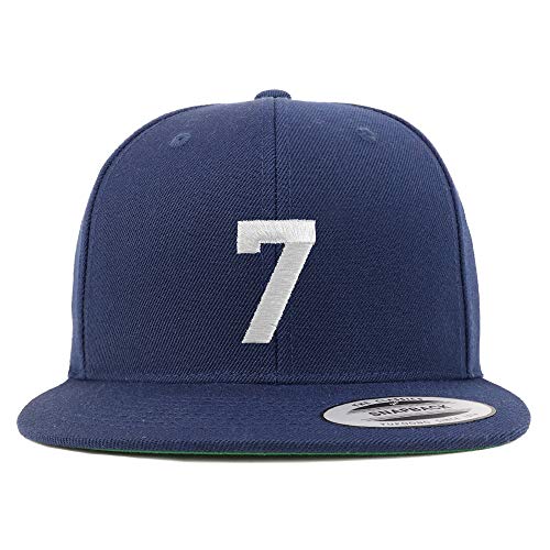 Trendy Apparel Shop Number 7 White Thread Embroidered Flat Bill Snapback Baseball Cap - color: Navy