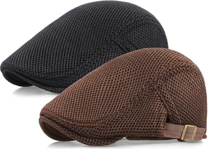 2 Pack Men's Mesh Cap Breathable Summer Newsboy Hat Adjustable Beret Ivy Cap Irish Cabbie Driving Hunting Hats - color: Black/Coffee