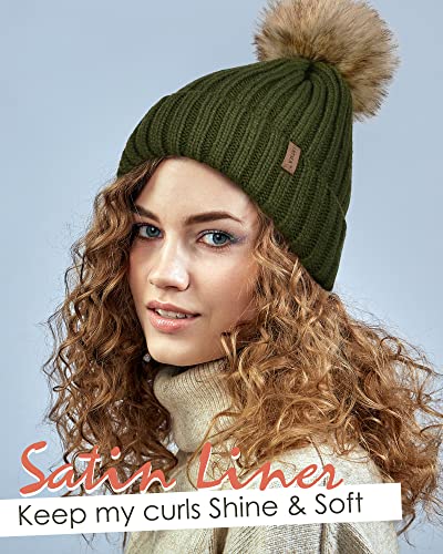 FURTALK Womens Winter Beanie Hat Satin Lined Faux Fur Pom Pom Beanies Hat for Women Winter Warm Knit Hats - color: Green