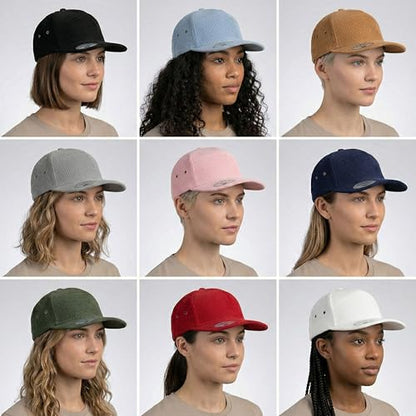 7 Panel Corduroy Cap – Structured Cotton Snapback Flat Bill Adjustable Unisex Streetwear Hat - color: White