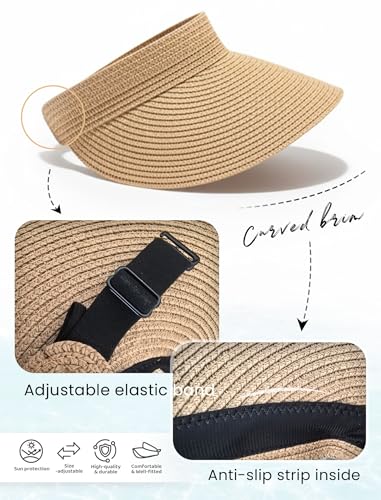 CHUNG Women Visor Sun Hat Paper Straw Wide Brim Adjutable Ponytail Packable Beach Holiday Summer Travel - color: V-khaki