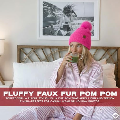 Funky Junque Beanie for Women Ultra Soft Chenille Faux Fur Pom Pom Winter Hats Warm Ski Cap Fashion - color: Hot Pink