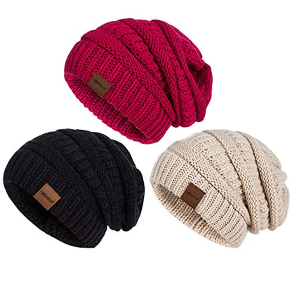 Slouchy Women's Winter 3 Pieces Beanie Hat Women Men Oversized Warm Knitted Women's Hat Winter Thick for Cold Weather - color: Black+oatmeal+red