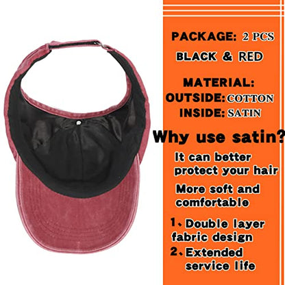 2 Pack Backless Cap for Women Natural Curly Hair Hat Baseball Cap Afro Puff Ponytail Hat - color: Black+red