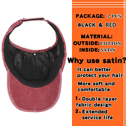 2 Pack Backless Cap for Women Natural Curly Hair Hat Baseball Cap Afro Puff Ponytail Hat - color: Black+red