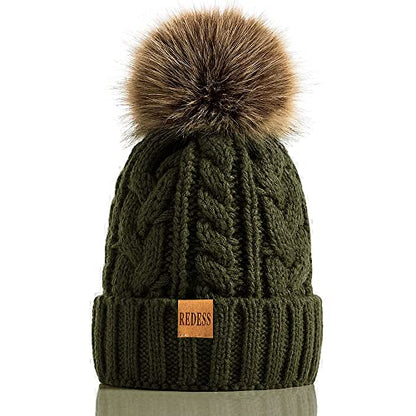 REDESS Women Winter Pompom Beanie Hat with Warm Fleece Lined Thick Slouchy Snow Knit Hat Skull Ski Cap - color: Dark Olive