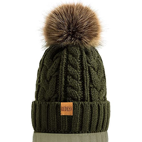 REDESS Women Winter Pompom Beanie Hat with Warm Fleece Lined Thick Slouchy Snow Knit Hat Skull Ski Cap - color: Dark Olive