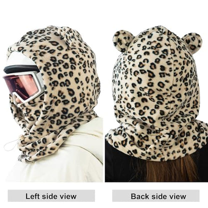 Fleece Balaclava Over Helmet - Warm Helmet Ninja Hood - Snowboard Hooded Hat Neck Gaiter Ski Mask - color: Leopard-earsup, size: One Size