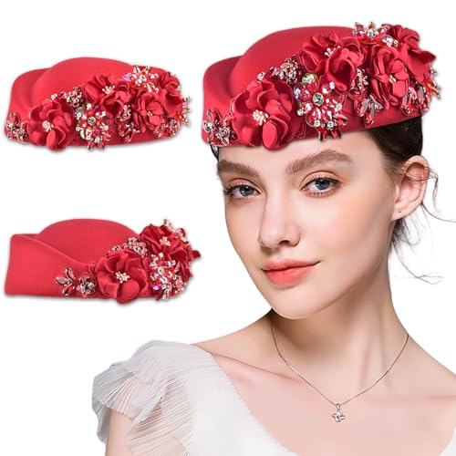 Women's Retro Stewardess Felt Hat, British Berets, Rhinestone Flower Decor, Ladies' Church Derby Hat - color: Red