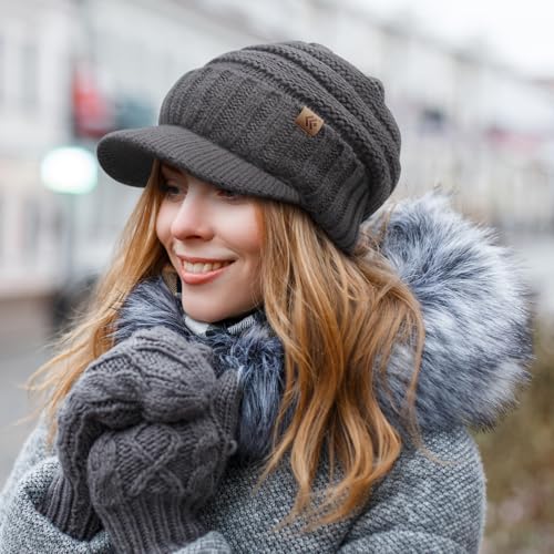Women Men Winter Beanie Hat with Visor, Warm Fleece Lined Beanie Cap, Thick Knit Cap Slouchy Hat with Brim - color: Navy Blue