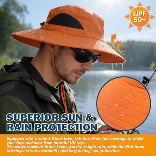 Wide Brim Sun Bucket Hat, Waterproof Boonie Hat for Men & Women - color: 01 Orange