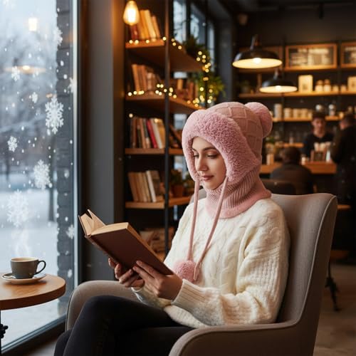 HUAMULAN Women Cable Knit Balaclavas Winter Fleece Lined Beanie Hat - color: Pink With String