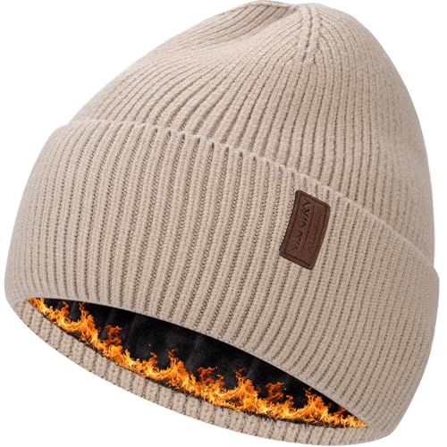Fleece Lined Winter Beanie for Men Women Warm Windproof Beanies Hats Thick Knit Winter Hat for Cold Weather - color: Beige