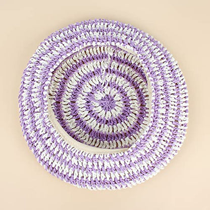 Women Summer Straw Woven Sunhat Classic Beret Artist Painter Sun Hat Cap - color: Stripes Purple