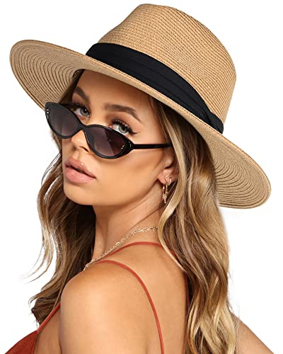 FURTALK Womens Mens Wide Brim Straw Panama Hat Fedora Summer Beach Sun Hat - color: Khaki, size: Medium-Large