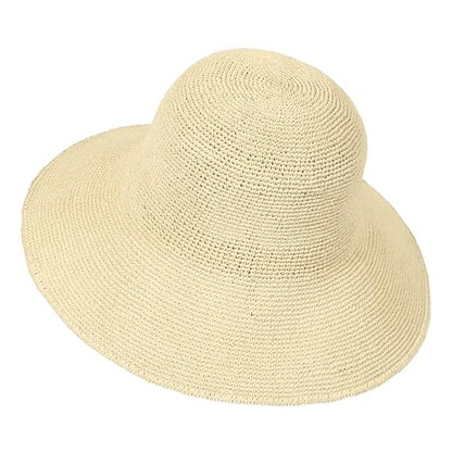 Womens Sun Hat Handmade Foldable Straw Bucket Hat Summer Crochet Travel Cap - color: Beige, size: Small