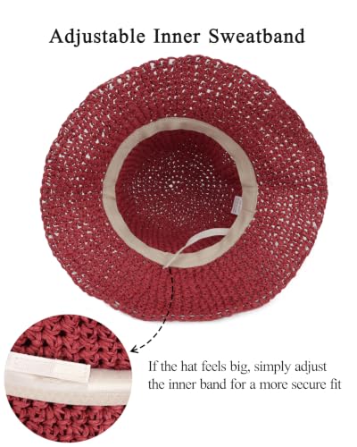 Womens Crochet Straw Sun Hat Foldable Floppy Wide Brim Beach Hat for Summer - color: Dark Red