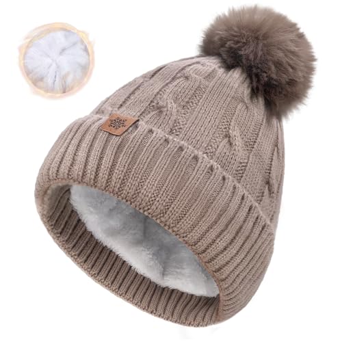 Winter Beanie Hats for Women Pom Pom Wool Cable Knit Thermal Fleece Warm Faux Fur Beanies for Cold Weather - color: Khaki