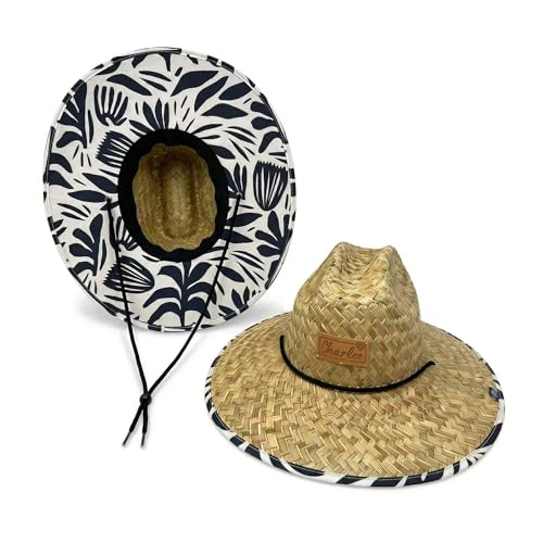Women's Wide Brim Straw Sun Hat for Beach, Lifeguard Style, Hand-Woven Rush & Mat, Adjustable Chin Drawstring - color: The Jessica