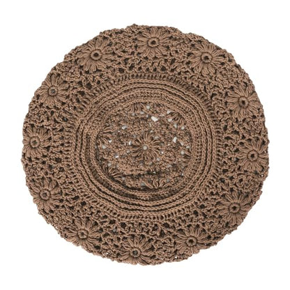 ZLYC Women Cotton Slouchy Crochet Beret Handmade Cutout Floral Beanie Hat - color: Plain Brown
