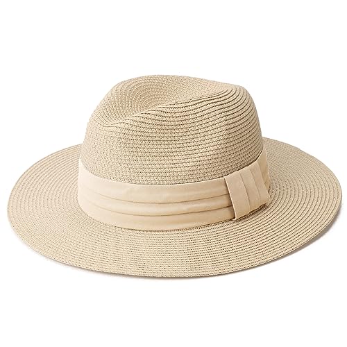 DRESHOW Women Straw Panama Hat Travel Fedora Beach Sun Hat Summer Wide Brim Straw Roll up Hats UPF 50+ - color: Beige Hat With Cream Band a