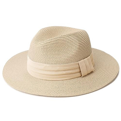 DRESHOW Women Straw Panama Hat Travel Fedora Beach Sun Hat Summer Wide Brim Straw Roll up Hats UPF 50+ - color: Beige Hat With Cream Band a