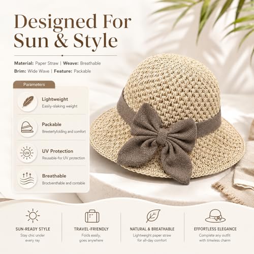 Elegant Woven Straw Sun Hat with Bow,Summer Beach Sun Straw Hats for Women,Wide Brim Packable Travel Bucket Hats,Summer Hats - color: Beige