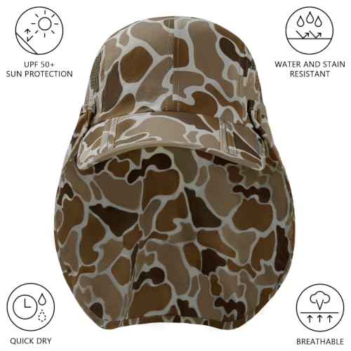 BASSDASH UPF 50+ Fishing Hat, Baseball Cap with Removable Neck Flap - color: Camel Brown Block Camo With Foldable Brim