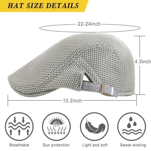 Xinveen Men's Mesh Cap Breathable Summer Newsboy Hat Adjustable Beret Ivy Cap Irish Cabbie Driving Hunting Hats - color: Light Gray