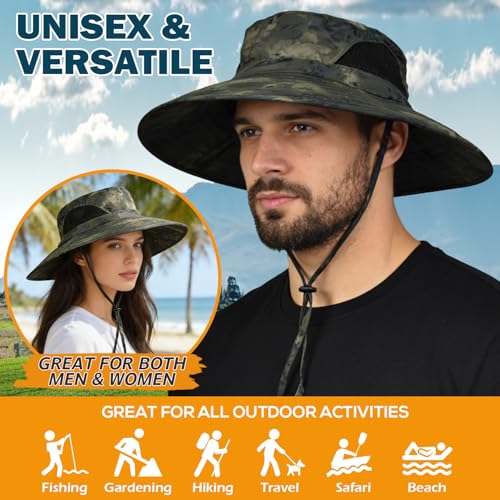 Wide Brim Sun Bucket Hat, Waterproof Boonie Hat for Men & Women - color: 05 Army Geen (Camo)