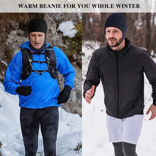 Heniho 2pcs Winter Beanies with Ear Flaps for Men Women, Warm Knit Earflaps Cap Thick Hats - color: B- Black, Navy Blue
