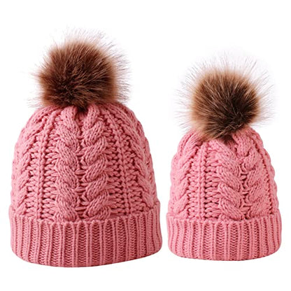 2PCS Parent-Child Knit Hat Family Matching Winter Warmer Hat Mother & Baby Crochet Beanie Ski Cap with Pom - color: Pink