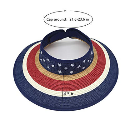 Women Sun Visors Foldable Straw Hats Summer Beach Packable Hat Floppy Wide Brim Cap Deep Style, Adjustable Size - color: American Classic