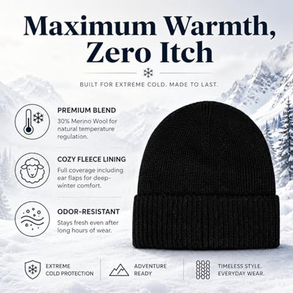 Men’s Plus Size M/L-XXL Merino Wool Beanie for Big Heads - color: Black, size: X-Large-XX-Large